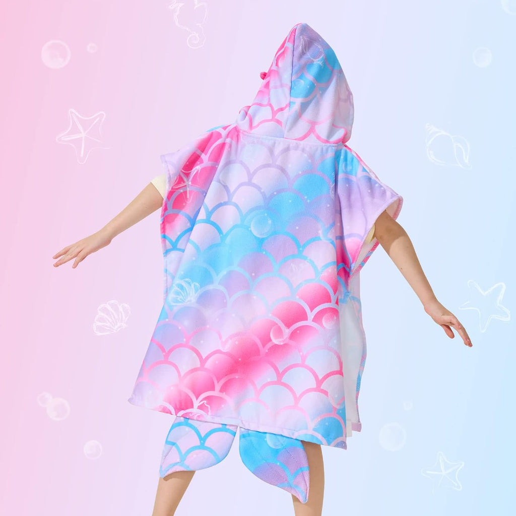 WERNNSAI Mermaid Hooded Beach Towel - Soft, Quick-Dry Poncho for Kids | 27" x 27" Sand-Free Design
