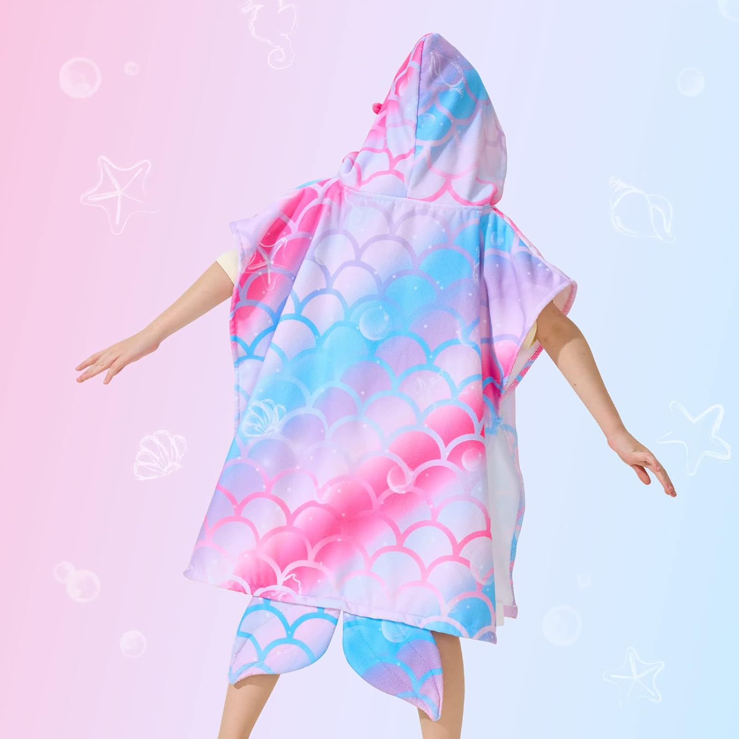 WERNNSAI Mermaid Hooded Beach Towel - Soft, Quick-Dry Poncho for Kids | 27" x 27" Sand-Free Design