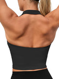 Aoysky Womens Buttery Soft Halter Workout Tank Tops with Built in Bra Cropped Padded Open Back Gym Longline Sports Bras Black