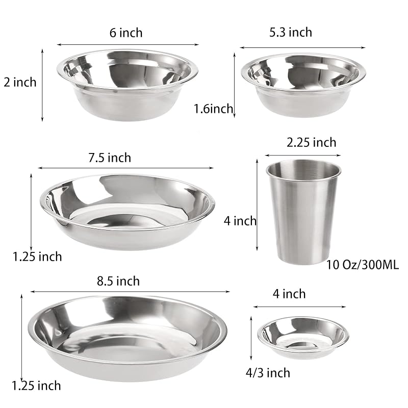 Stainless Steel Camping Dinnerware Set for 4-6 | 26-Piece Mess Kit with Plates, Bowls, Cups & Carry Mesh Bag