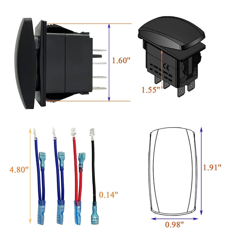 12V 7-Pin Red LED Boat Nav/Anc Lights Switch with Wires - ON-OFF-ON DPDT IP66 Variation nav/anc lights