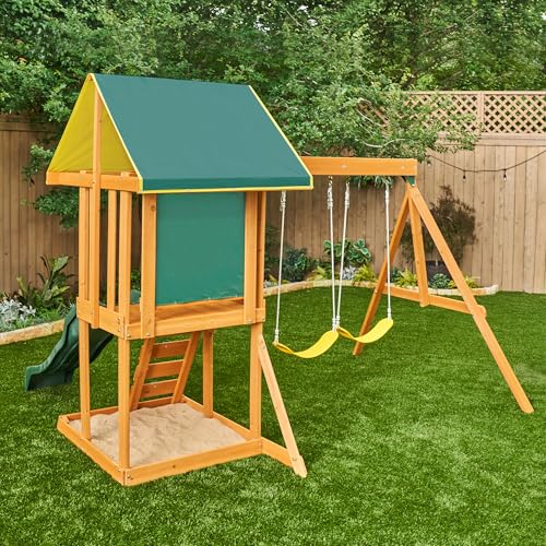 KidKraft Appleton Wooden Swing Set - Outdoor Playset with Slide & Chalk Wall, Exclusive