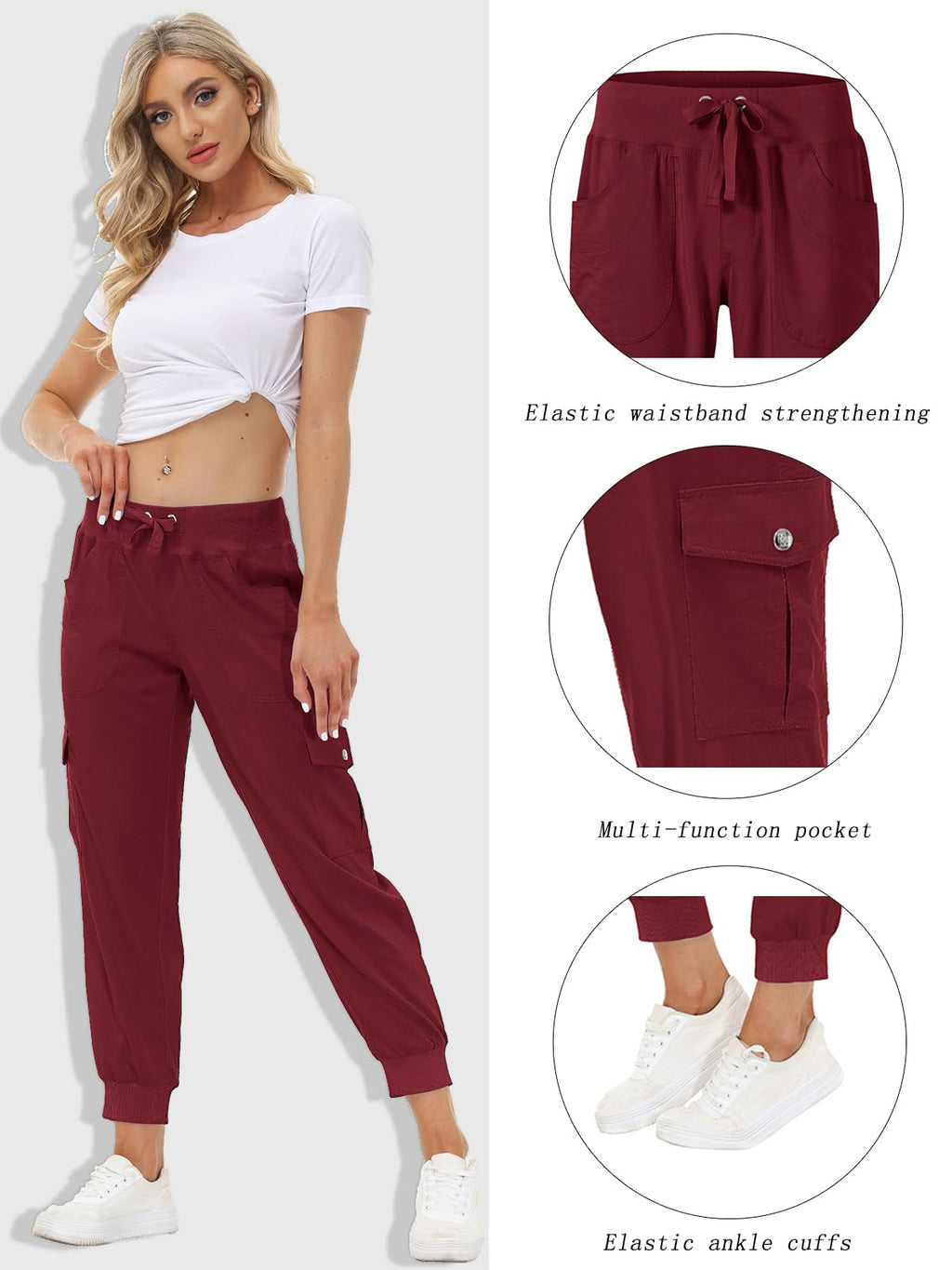 MoFiz Hiking Cargo Pants for Women with Pockets Lightweight Quick Dry Athletic Outdoor Summer Travel Casual Joggers Sweatpants Wine Red XL