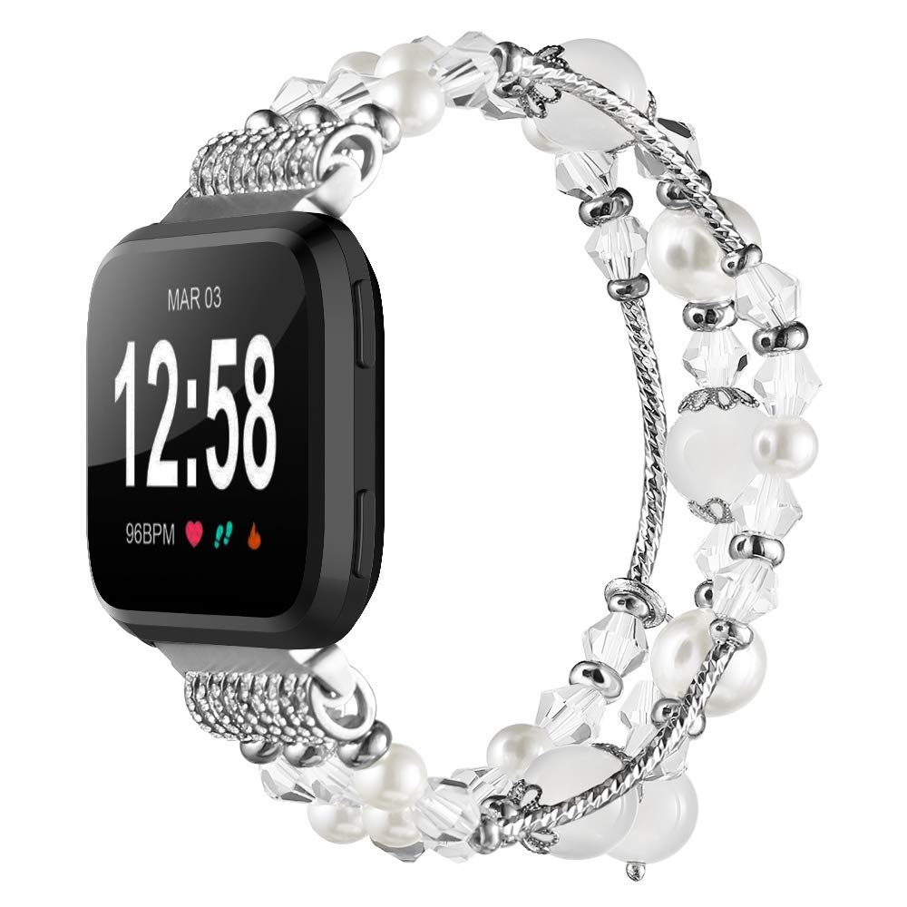 Simpeak Bracelet Elastic Band Compatible with Fitbit Versa/Versa 2/Versa Lite/Versa SE Smartwatch Only, Women Beaded Pearl Band Replacement for Fitbit Versa 2/Lite/SE, White