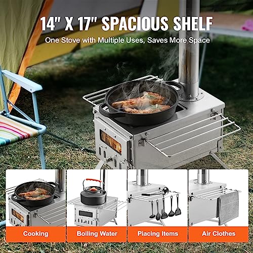 Portable Stainless Steel Camping Wood Stove 12.32x7.80x6.10in with Chimney & Gloves - 10.5L