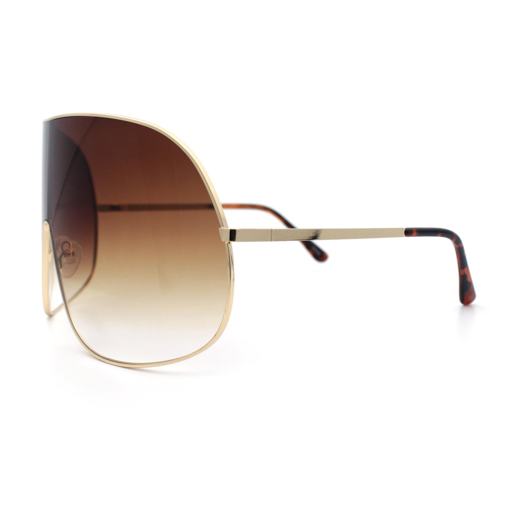 SA106 XXL Oversized Metal Rim Curved Monolens Shield Racer Sunglasses Gold - Brown