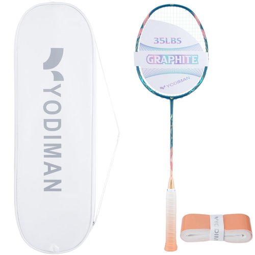 YODIMAN Single Professional Badminton Racket for Advanced Players - 50T Graphite Carbon Fiber with Aerodynamic Frame, Pre-Strung 26lbs, Ultra-Light 5U for Club & Tournament