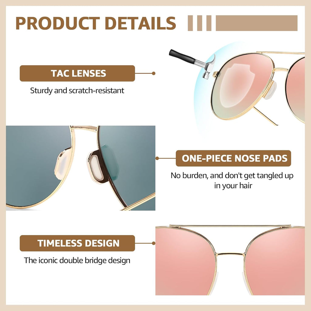 TJUTR Aviator Sunglasses - Polarized UV400 Protection | Tangle-Free Metal Frame Shades for Men & Women