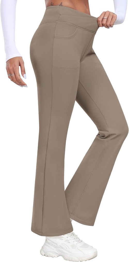 MoFiz Women's Fleece Wide Leg Sweatpants - High Waisted Athletic Pants with Pocket | Khaki, Size L
