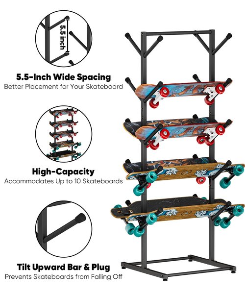 Tuohours Skateboard Racks Floor Stand Holder, Freestanding 5-Tier Skateboard Storage Organizer Hanger, Skateboards Display Rack for Deck, Longboard, Skateboard Rack for Garage, Black