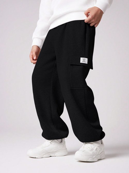 RoseSeek Boy's Wide Leg Cargo Pants Baggy Sweatpants Casual Sports Joggers Big Kids Long Trousers with Pockets Black 12 Years