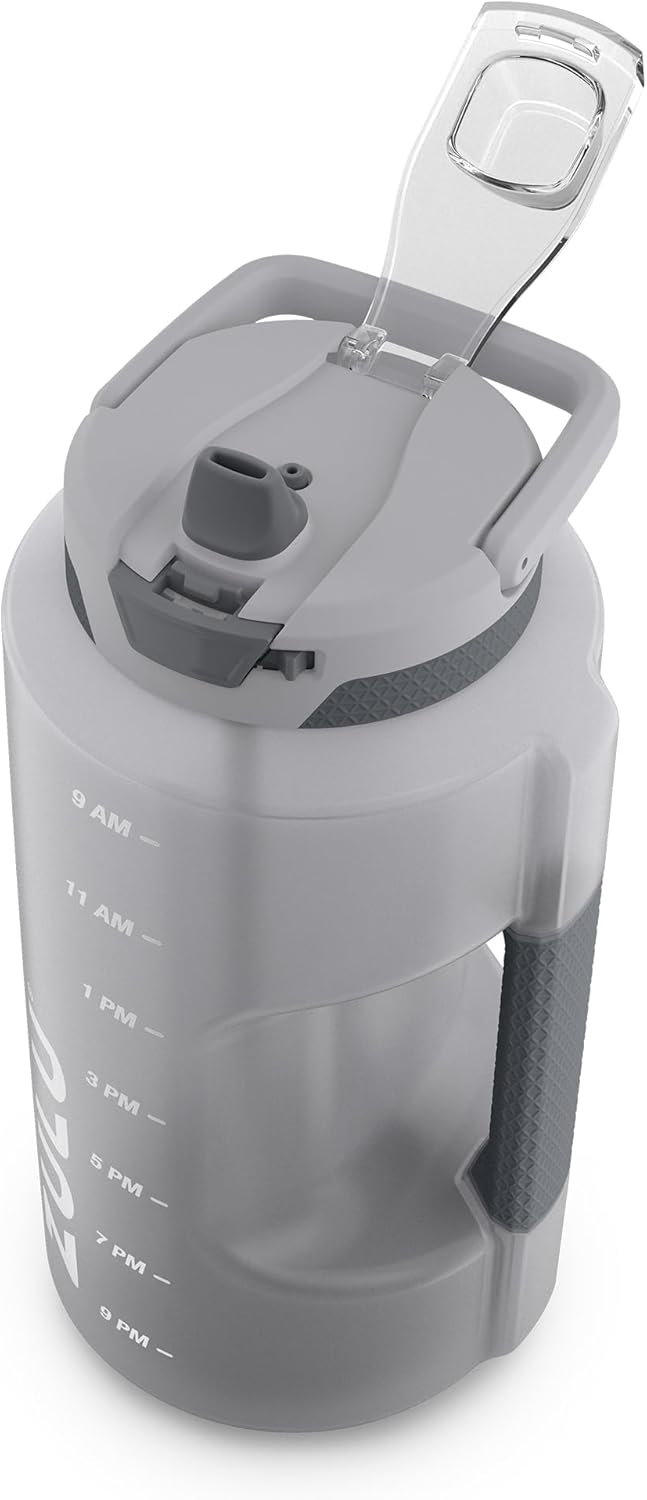 ZULU Goals 128oz Half Gallon Water Bottle - Leak Proof, Time Marker, & Handle | Grey Reusable Jug for Gym & Outdoors