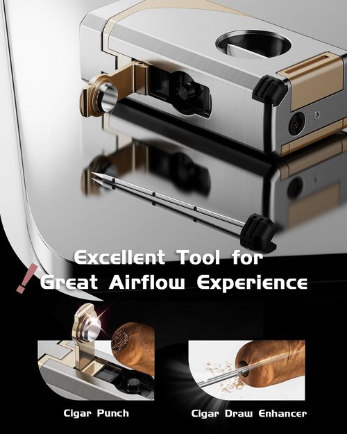 Cigar Lighter, 6-in-1 Cigar Torch Lighter with Cigar Cutter V Cut & Straight Cutter Cigar Punch Cigar Holder Cigar Draw Enhancer, 3 Jet Flame Torch Lighter Refillable Butane Lighter Cigar Gift for men