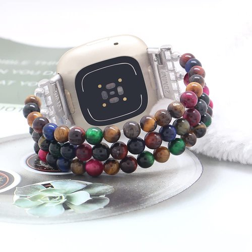 C&L Accessories Bands Compatible with Fitbit Versa 3 Bands/Fitbit Sense Bands for Women Men Beaded Gemstone Replacement Wristband Strap for Versa 3/Sense Smartwatch (Dark Rainbow Tiger Eye)