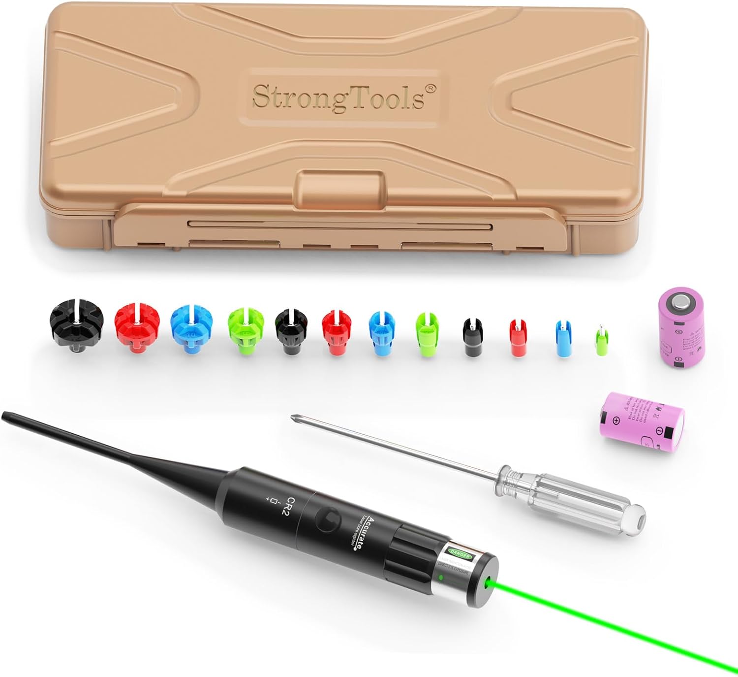 StrongTools Red or Green BoreSighter 177 to 12GA Caliber Rifle Scope Handgun Hunting Red/Green Dot Boresight Kit Press Switch Bore Sight 800mAh Battery