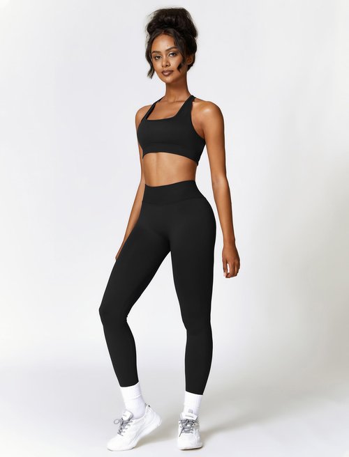 ABOCIW Workout Sets for Women 2 Piece Seamless V Back Scrunch Butt Lifting High Waist Leggings Cross Back Strappy Sports Bra for Women Gym Sets Y- Black Large