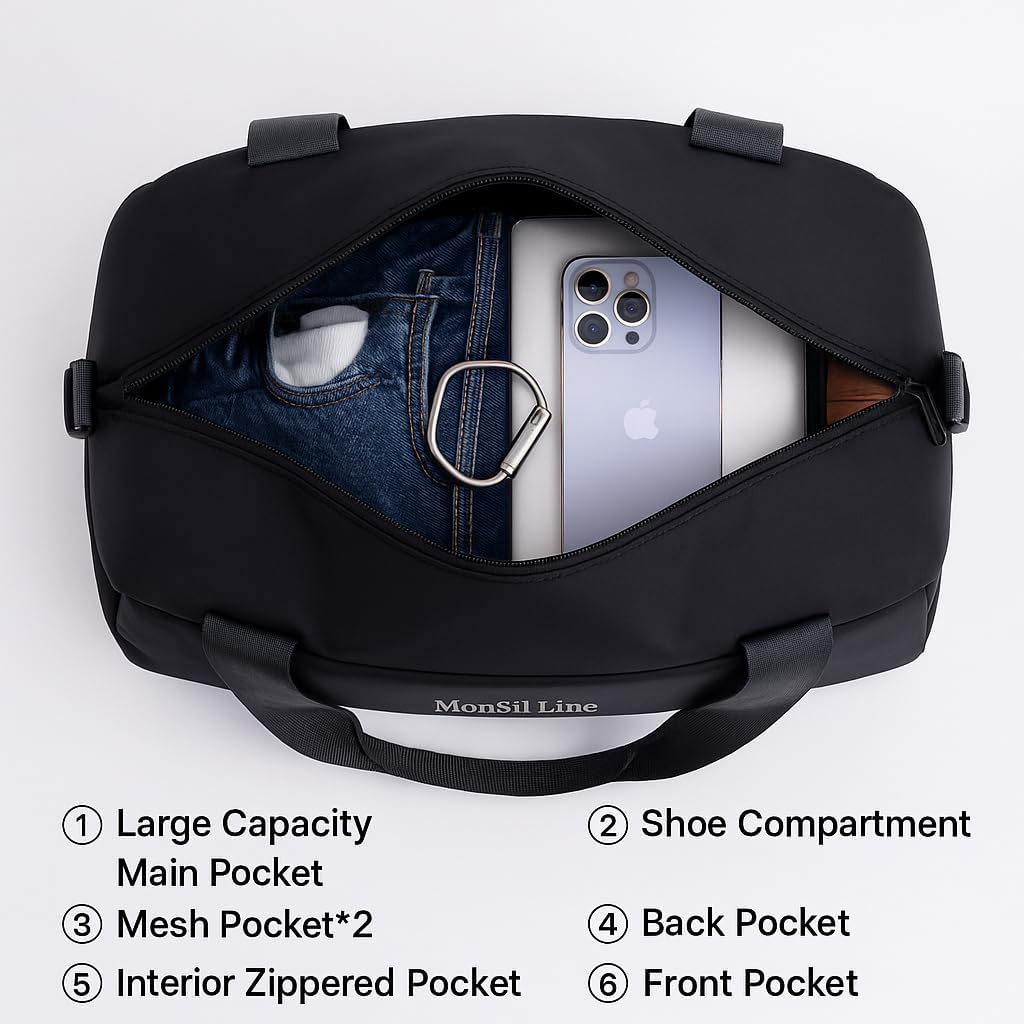 Skiennix Gym Bag - Waterproof Small Duffle with Shoe Compartment | Lightweight Travel Tote (Black)