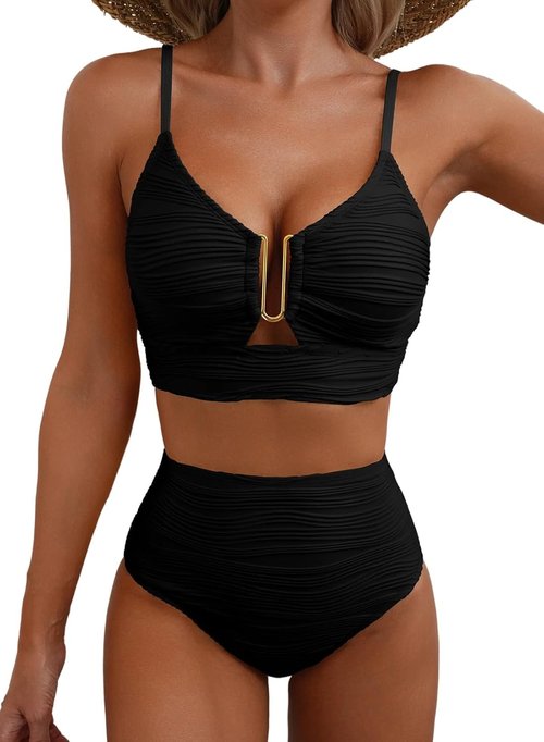 Herseas 2-Piece Bikini Set - U-Wire Cutout High-Waisted Swimsuit in Textured Design for Summer 2026