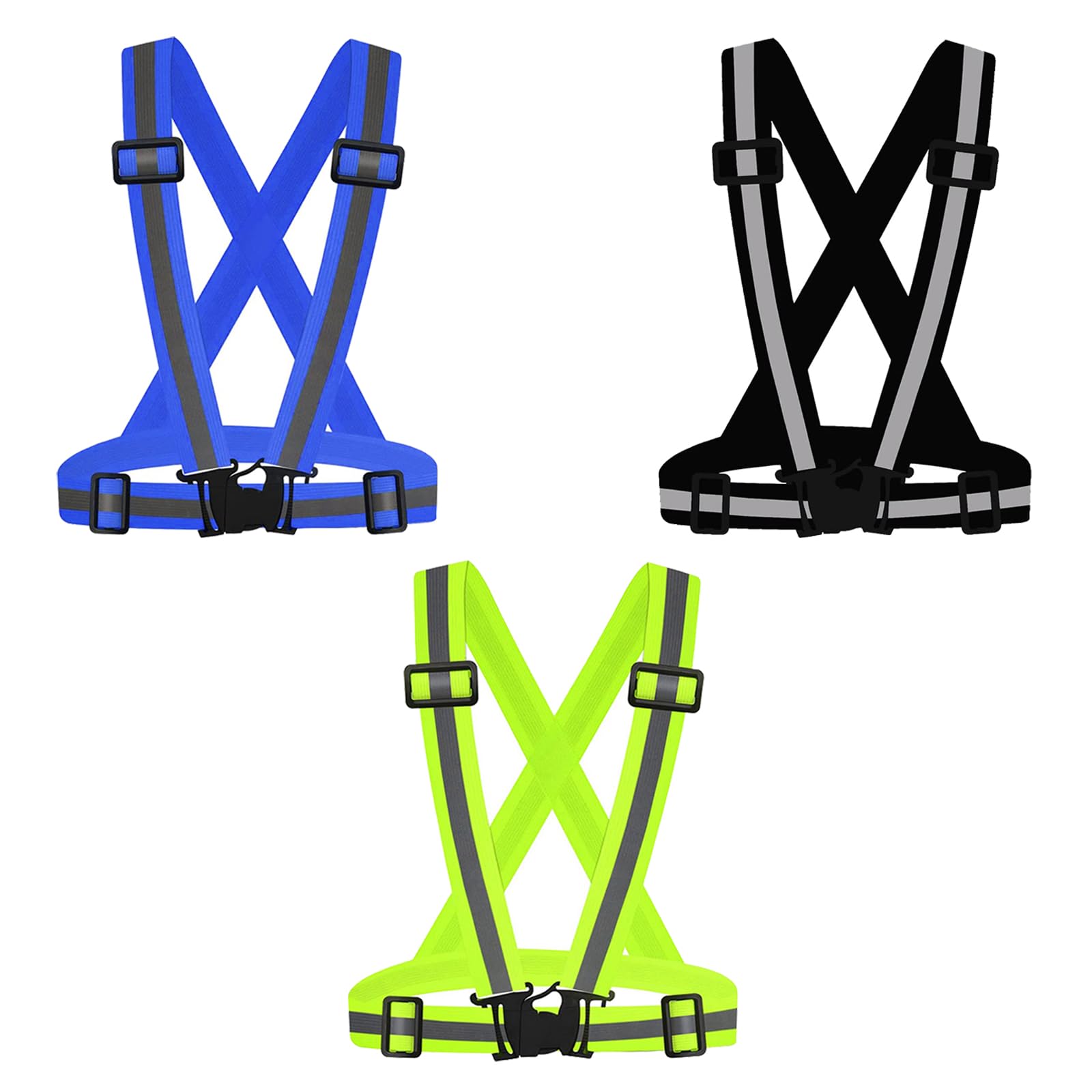 Bighaki808 Safety Vest Reflective Running Gear, Adjustable Safety Vests Outdoor Lightweight Reflective Belt 360°High Visibility for Night Running, Walking(Fluorescent Green+Black+Blue)