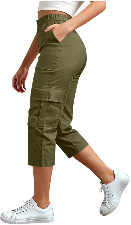 LRMQS Cargo Capris for Women - High Waisted Plus Size Summer Pants with Pockets | Casual Loose Fit