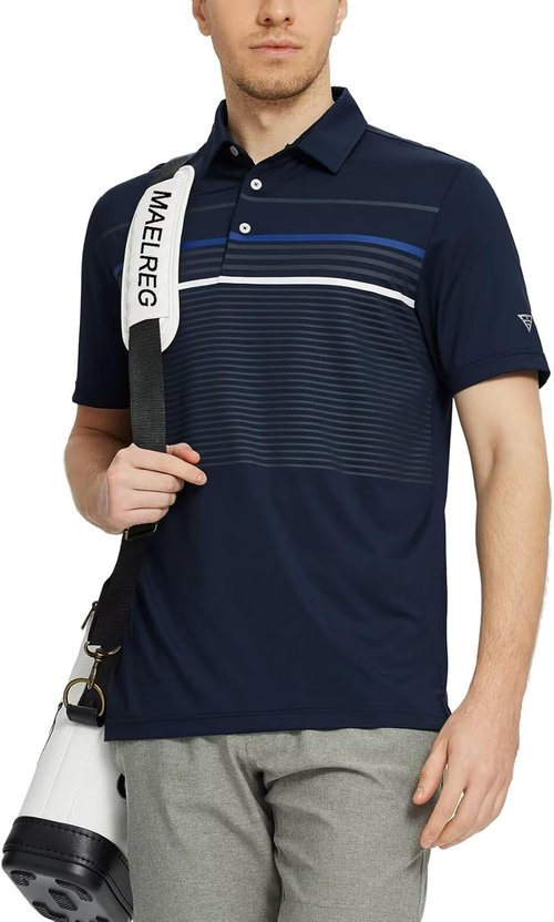 M MAELREG Golf Shirts for Men - Moisture-Wicking Short Sleeve Polo | Casual Striped Print, Regular Fit