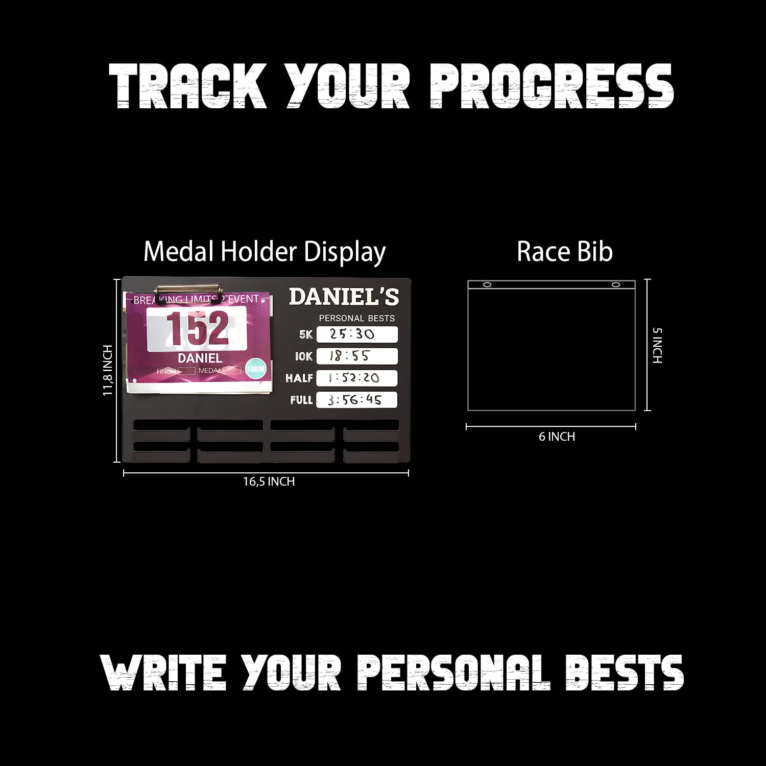 Personalized Running Medal Hanger Display | Wooden Bib And Medal Display For Runners | 5K 10K Marathon Personal Bests Chalkboard Design, Gifts for Runners, Holds up to 60 Medals And 40 Bibs