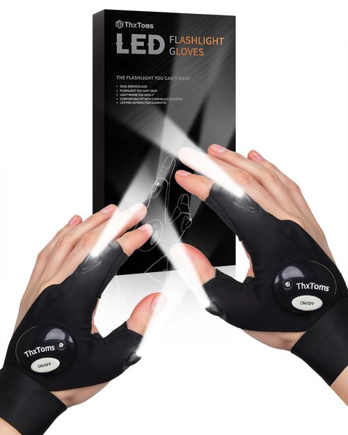 ThxToms LED Flashlight Gloves, Gifts for Him Men Boyfriend Husband, Mens Gifts for Fathers Day Christmas Birthday, Cool Gadgets Tools for Fishing, Repairing, Camping, 1 Pair Black