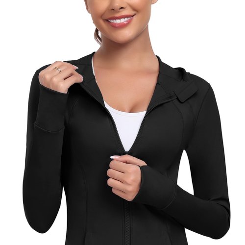 Zyrulix Women's Hooded Athletic Full Zip Workout Jacket With Pockets Running Slim Fit Yoga Sportwear With Thumb Holes