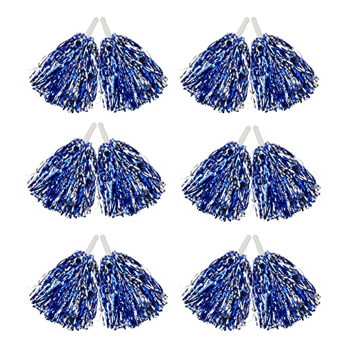 Cheerleading Pom Poms Set Blue and Silver 12 Pieces Metallic Foil with Handles