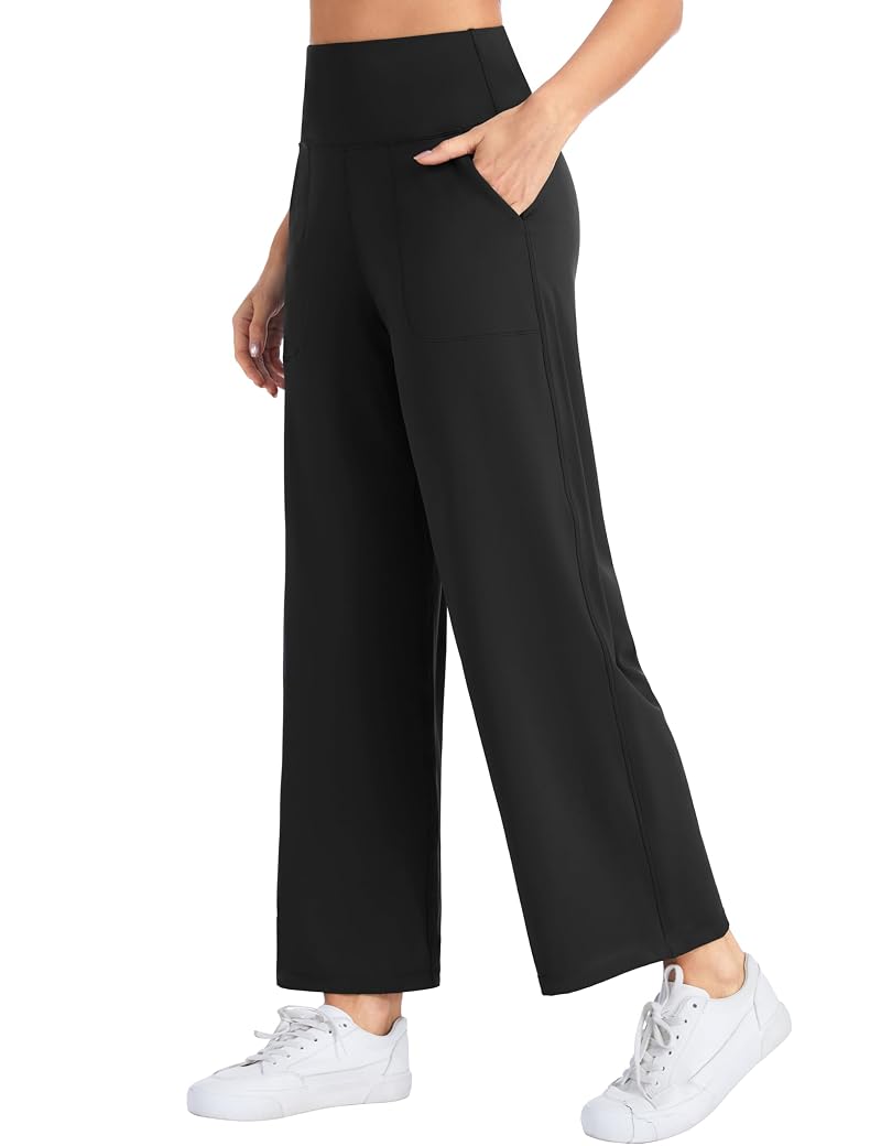 The Gym People Women's Wide Leg High Waist Yoga Pants with Pockets - Black, 27" Inseam
