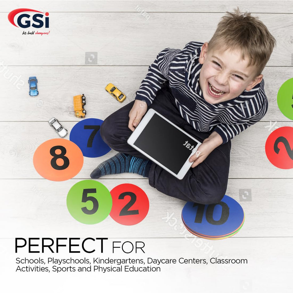 GSi 8" Numbered Poly Spot Markers (1-10), Anti-Skid, Durable, Non-Toxic Floor Dots for Math, Classroom & PE. Bright, Washable Sitting Spots for Preschool & Training (Pack of 10).