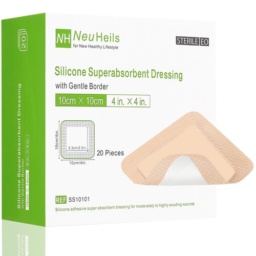 NeuHeils Silicone Super Absorbent Wound Dressing 4''x4'' 20 Packs, Self-Adhesive Waterproof Bandage with Ultrasorb Pad for Heavy Exudates Wound, Soft Gauze Island Dressing