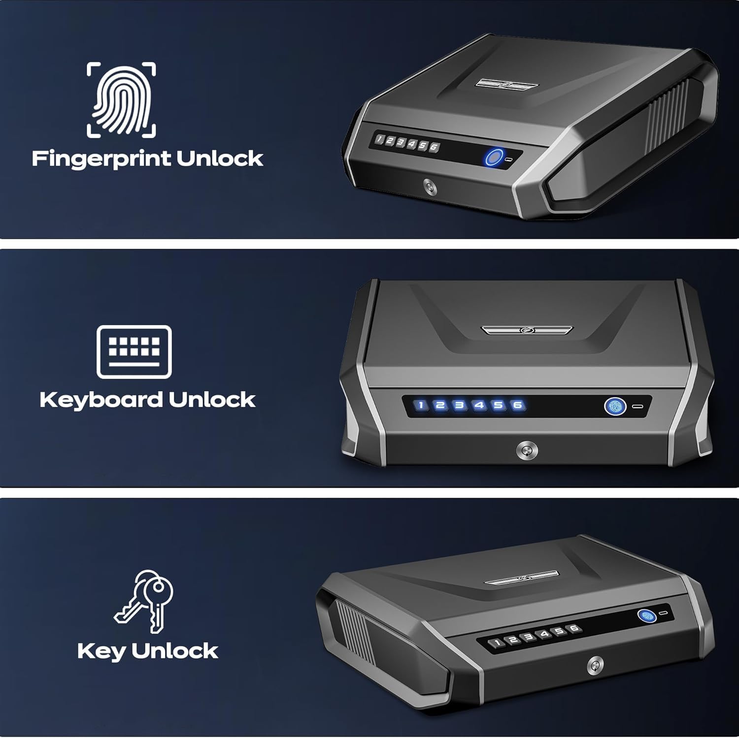 TOPMEDA Gun Safe with LCD Display, ≤0.1s Quick Access Large Handgun Safe for Pistols, Hand Gun Lock Box with Fingerprint, Keypad, Key, Car, Home, Bedside, Nightstand, AA Battery Emergency Power