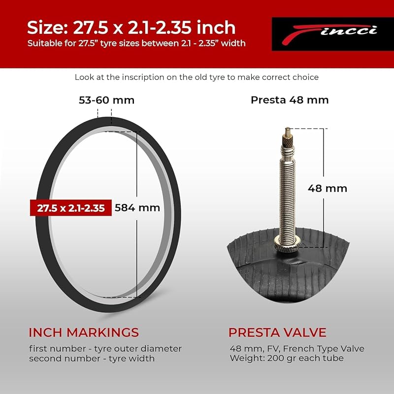 Fincci 27.5 x 2.1-2.35 Inch Presta Inner Tubes (2 Pack) 48mm Valve