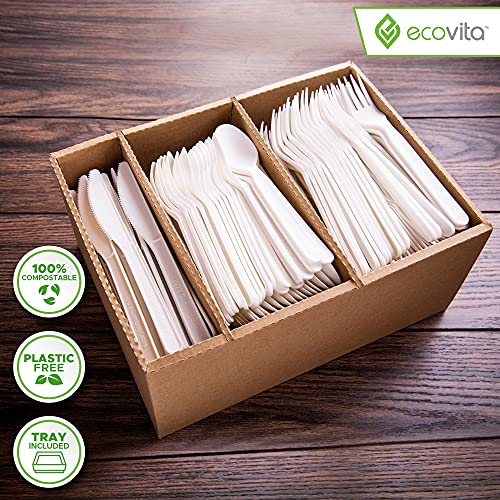 Ivory White Disposable Cutlery Set - Eco-Friendly 100% Compostable Forks Spoons Knives with Tray