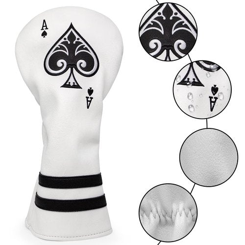 Golf Driver Headcover Ace of Spade Golf Driver Head Cover- White (PU) Leather Golf Club Headcovers Designed for Golf Drivers up to 450 460cc