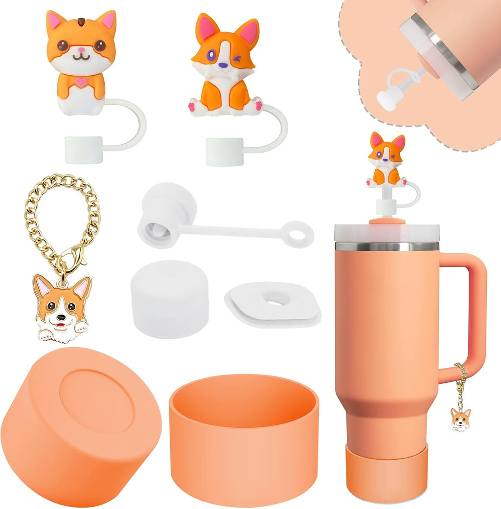 Stanley - Cup Accessories Set with Straw Cover, Spill-Proof Stopper & Dog Handle Charm | Sunshine Orange