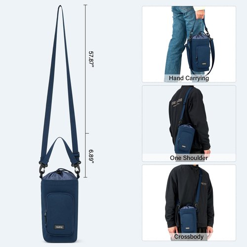 HanTrip Insulated Water Bottle Carrier Bag with Strap Phone Pocket for 25/32/40/64 oz Tumbler Cup, Water Bottle Holder Crossbody Shoulder Sling Bag for Walking Hiking Gym Travel (Navy Blue)