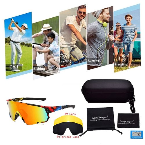 Long Keeper Polarized Sport Cycling Sunglasses with 3 Interchangeable Lens Men Women Baseball Fishing Glasses (Colorful/Red-3lens)