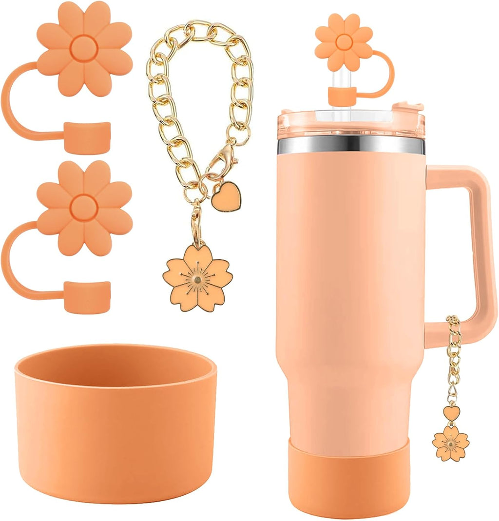 Stanley - Silicone Flower Straw Cover Toppers & Handle Charm Set | 10mm Straw Toppers & Boot Sleeve (Nectarine)
