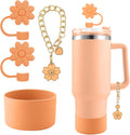Stanley - Silicone Flower Straw Cover Toppers & Handle Charm Set | 10mm Straw Toppers & Boot Sleeve (Nectarine)