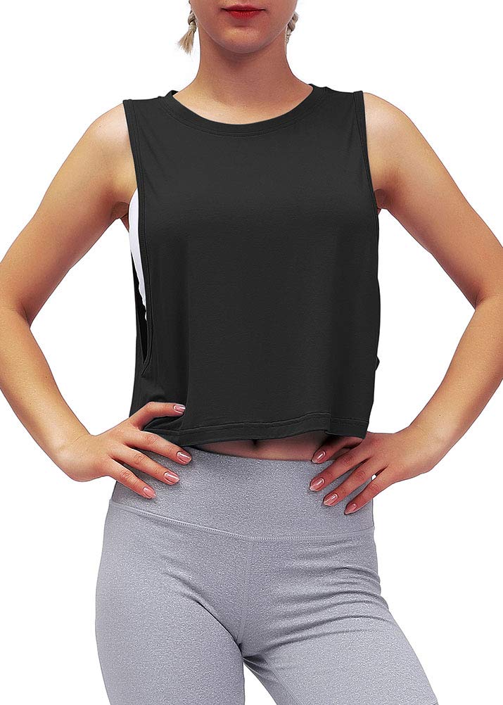 Mippo Women’s Workout Crop Top - Mesh Back Gym Tank, Black, Medium