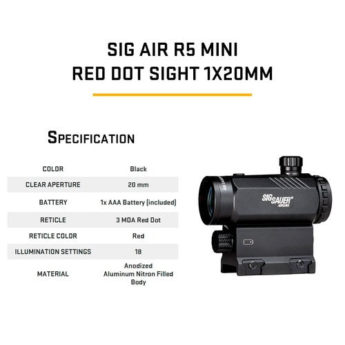 SIG SAUER Air R5 Mini 1x20mm 3 MOA Reticle Red Dot Sight, Electronic Compact Durable Adjustable Hunting Shooting Airsoft Gun Aiming Sight, 1 Battery Included