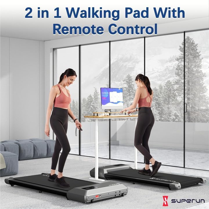 Superun 2 in 1 Walking Pad - Portable Under Desk Treadmill with 300lbs Capacity & LED Display for Home/Office