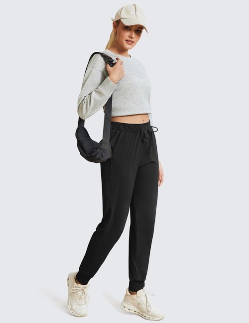 PINSPARK Women's Joggers Pants with Pockets, Stretch Athletic Track Pants Lightweight Running Workout Sweatpants Black L