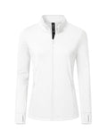 MoFiz Womens Full Zipper Running Jackets Stand Collar Slimming Gym Yoga Tops Long Sleeve Sportwear with Thumb Holes White L