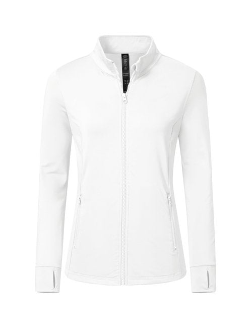 MoFiz Womens Full Zipper Running Jackets Stand Collar Slimming Gym Yoga Tops Long Sleeve Sportwear with Thumb Holes White L