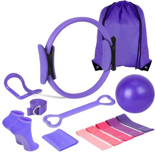 Hqyib Home Pilates Kit for Women, 13 PCS Pilates Equipment with 13.5" Pilates Ring Set, 9" Yoga Ball, Cooling Towel, 6 Pilates Resistance Bands for Stretching for Beginners(Purple)