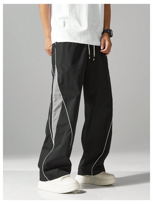 SOLY HUX Men's Baggy Track Pants Drawstring Elastic Waist Parachute Sweatpants Streetwear Black Grey Medium