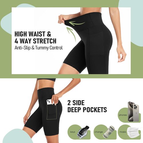 GROTEEN Biker Shorts for Women - High Waisted Tummy Control with Pockets | 8-Inch Spandex Yoga & Gym Shorts
